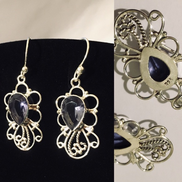 Radiant Iolite Gemstone Halo Dangle 925 Earrings - Picture 4 of 4